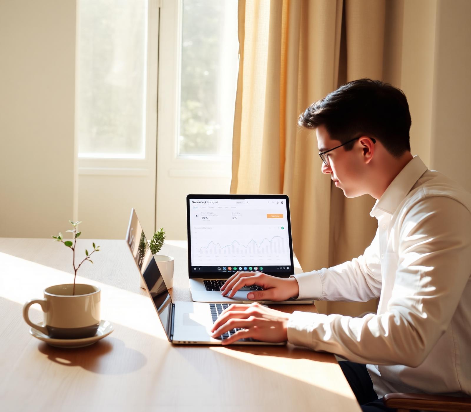 Founder working at a bright desk with a clean financial dashboard